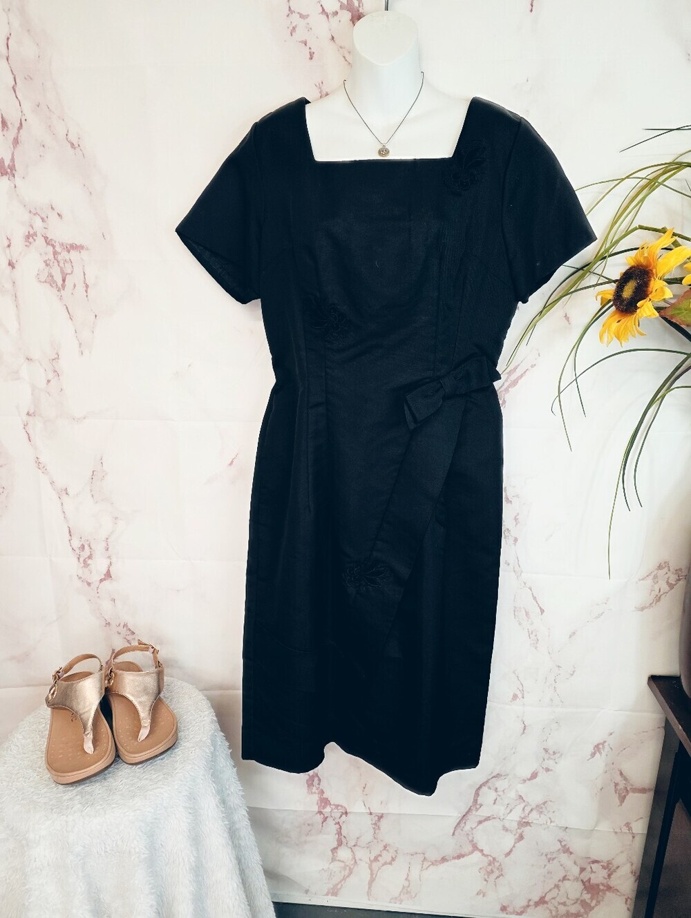 Town Modes Vintage 100% Silk Black Embroidered Sheath Dress Size 8 NWT 80's - Picture 3 of 6